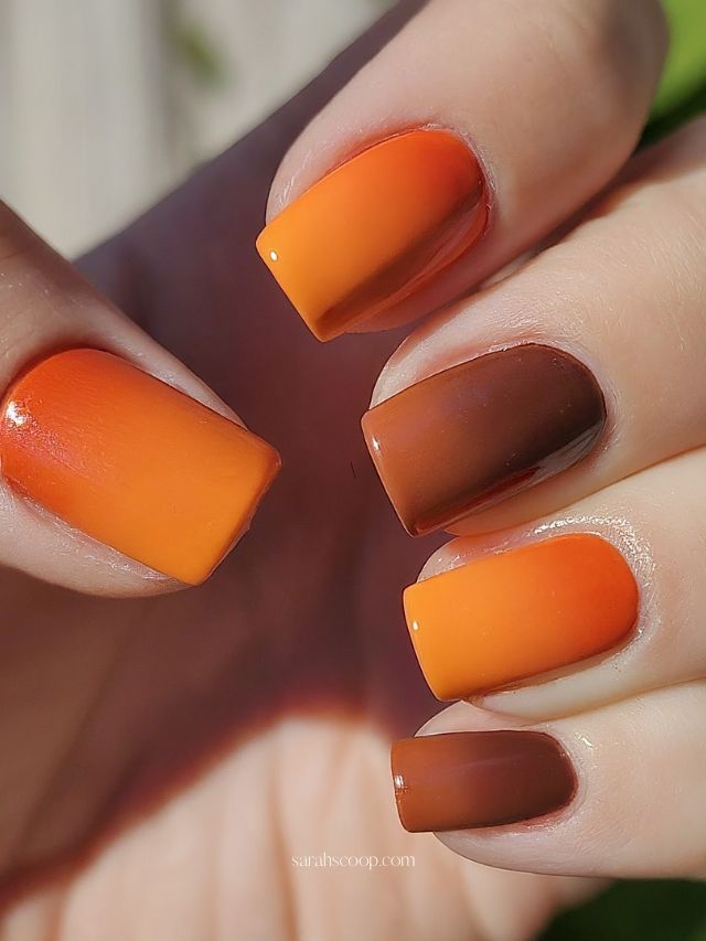 Glänzendes Nageldesign in verbranntem Orange und Braun