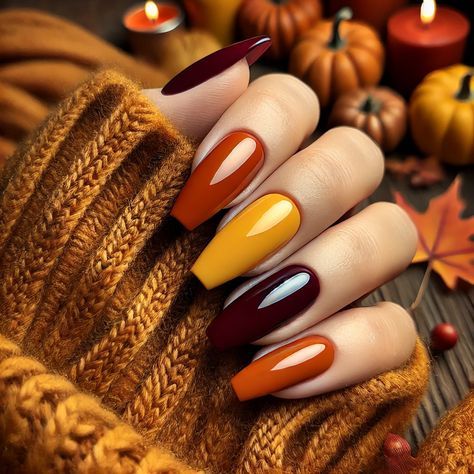 Glänzendes Nageldesign in verbranntem Orange und Braun