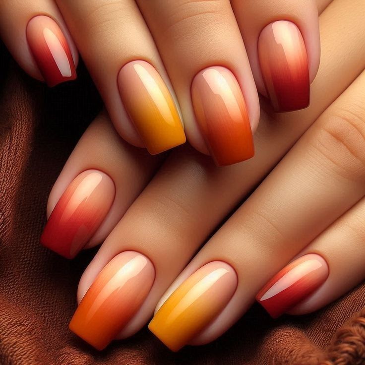 Glänzendes Nageldesign in verbranntem Orange und Braun