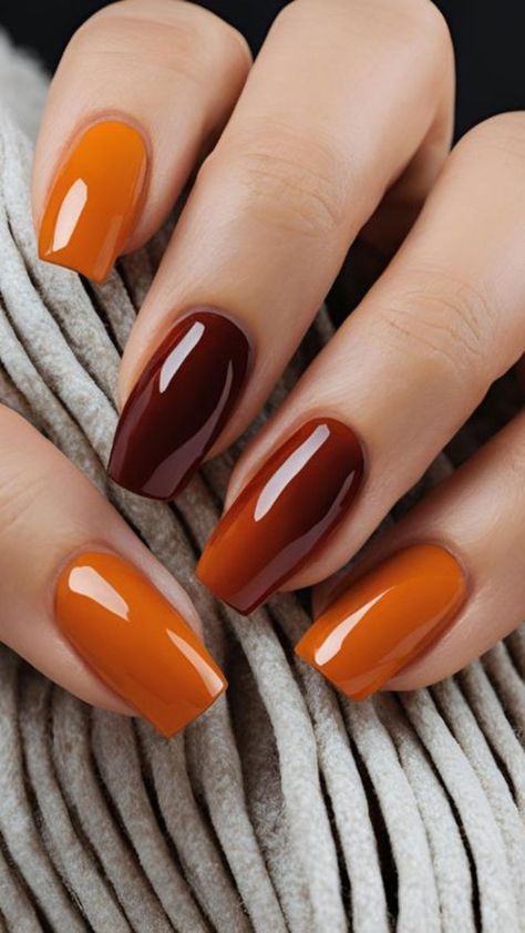 Glänzendes Nageldesign in verbranntem Orange und Braun
