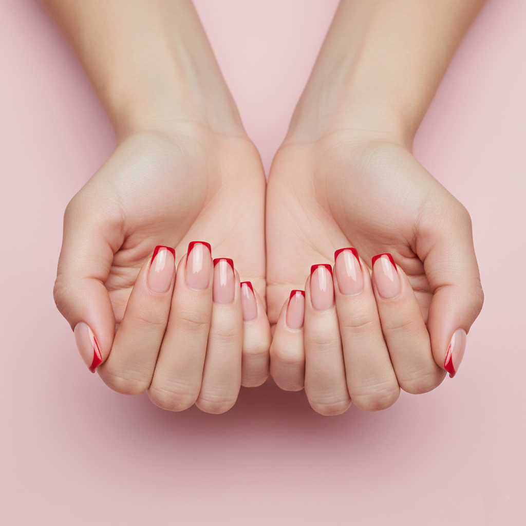 Symmetrische rote French Nägel mit Nude Basis – elegantes Nageldesign