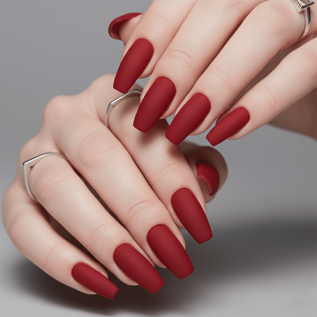 Matte rote Nägel in langer Coffin-Form – modernes rotes Nageldesign 2026