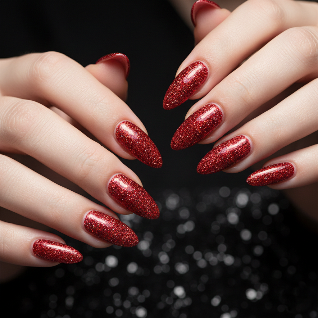 Lange mandelförmige rote Glitzer Nägel mit glänzendem Finish