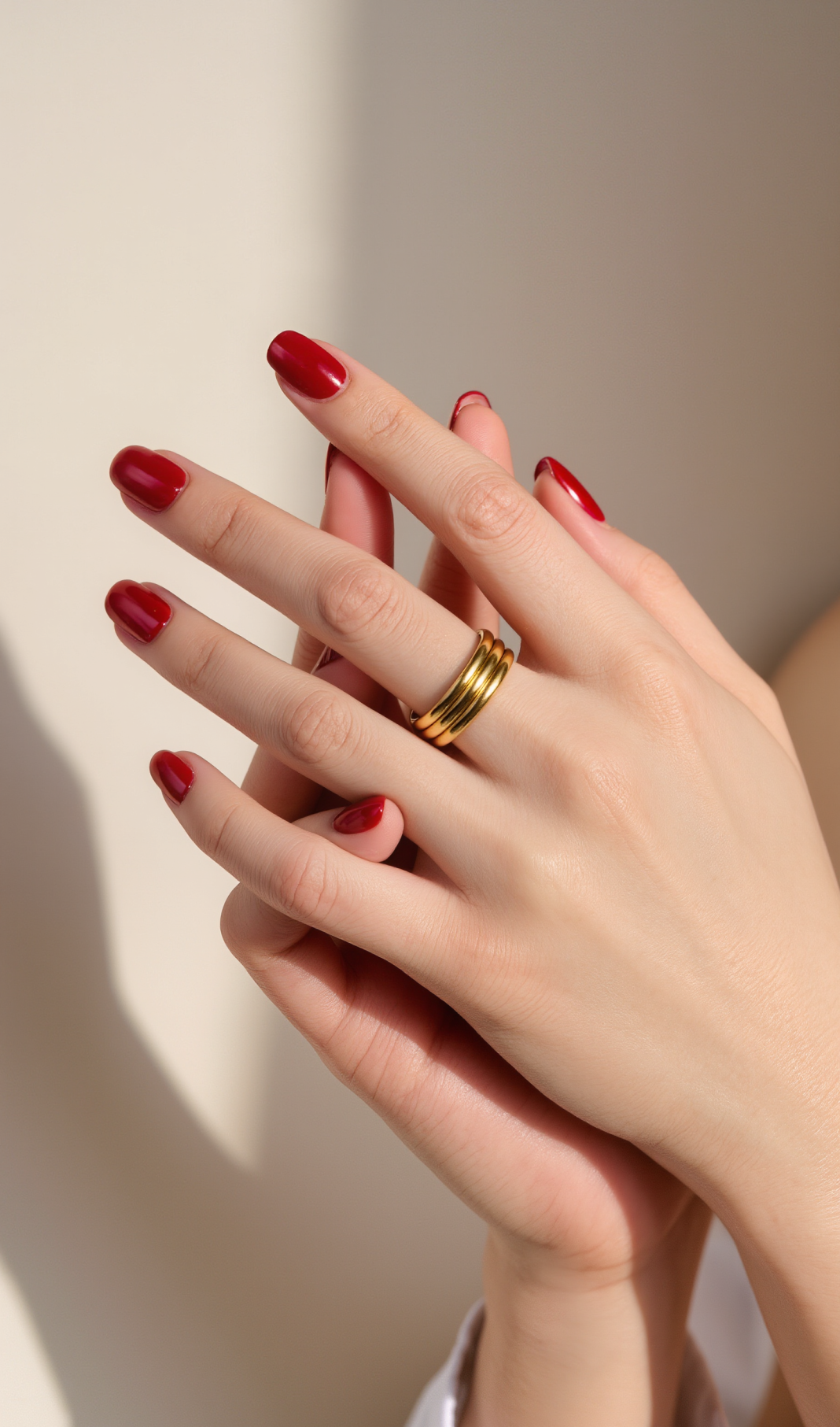 Glänzende rote Nägel in klassischer Mandel-Form mit goldenen Ringen – elegantes rotes Nageldesign 2026