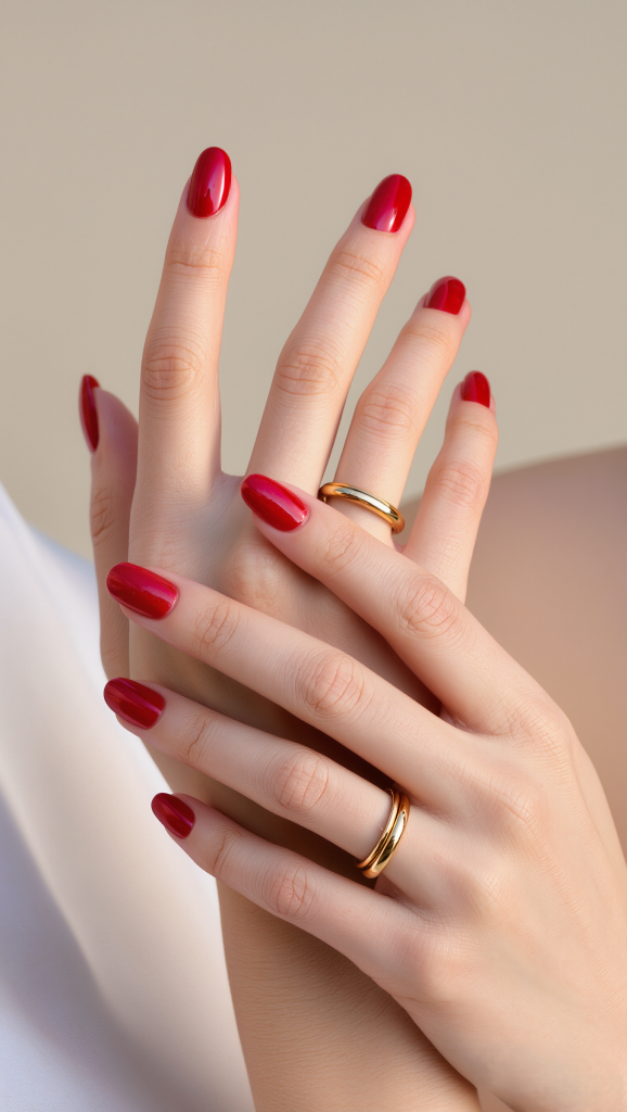 Glänzende rote Nägel in klassischer Mandel-Form mit goldenen Ringen – elegantes rotes Nageldesign 2026