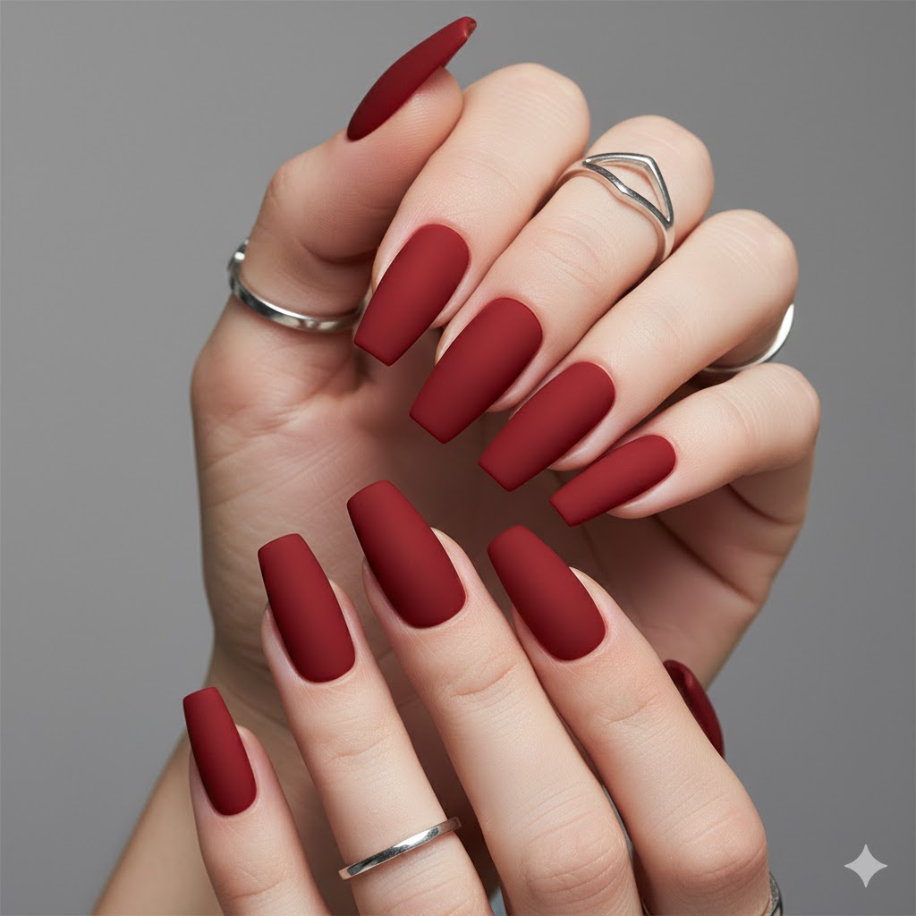 Matte rote Nägel in langer Coffin-Form – modernes rotes Nageldesign 2026