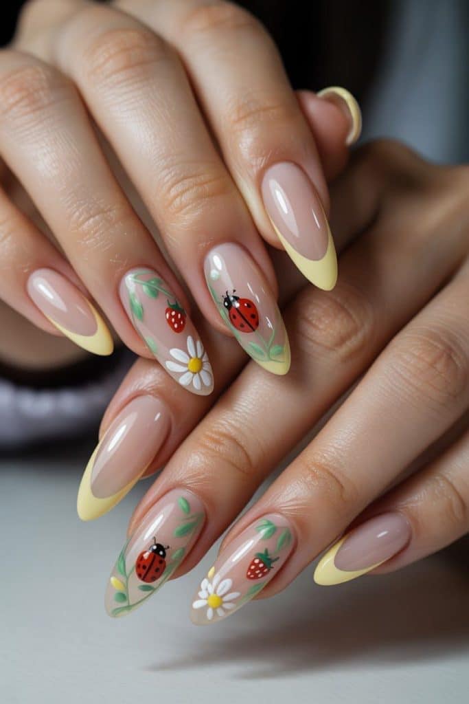Frühlings Nageldesign mit Blumen, Bienen und Marienkäfer – süße Blumen Nägel